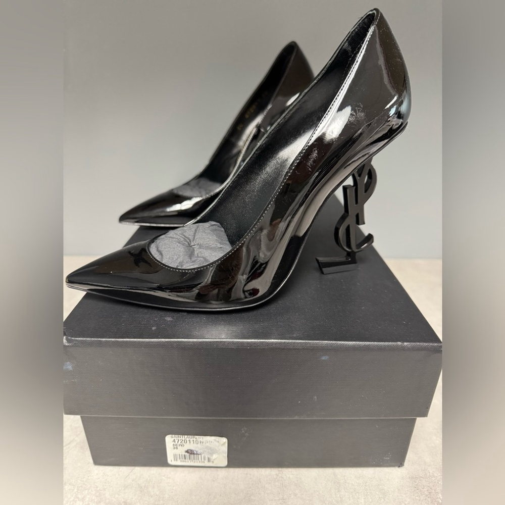 Yves Laurent Black Opyum patent leather 110 logo heel